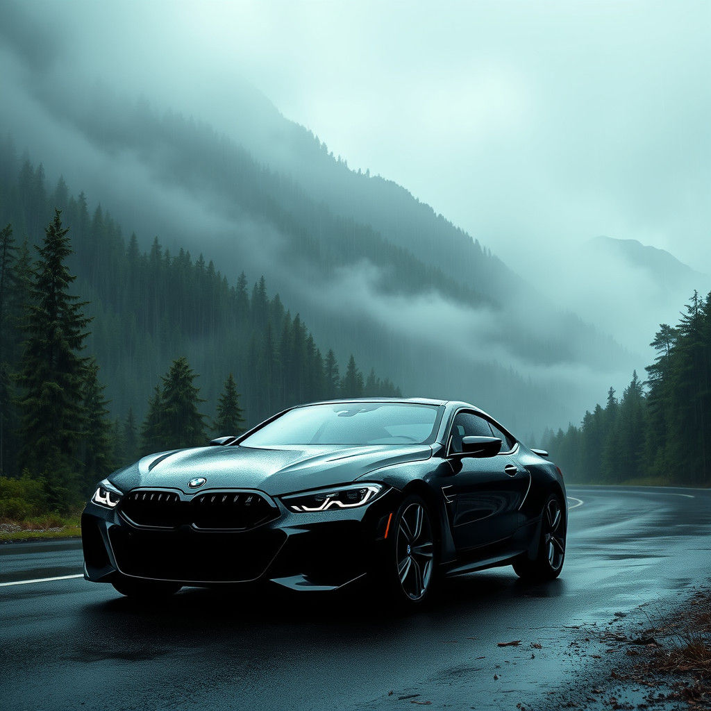 BMW on Misty Mountain Pass in Futuristic Style