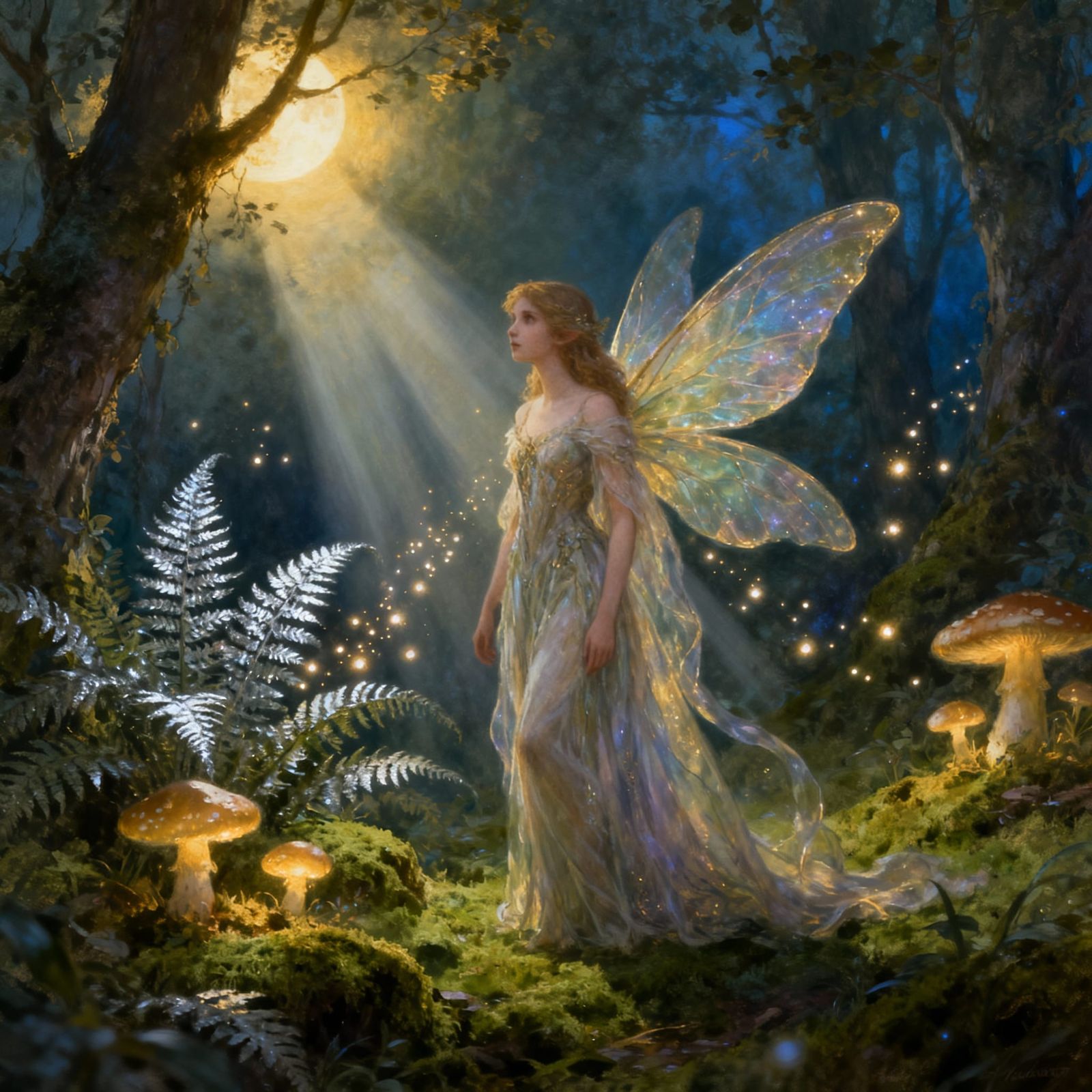 Beautiful Fairy in Moonlit Woodland Glade Painting