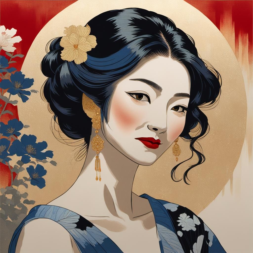 Woman Smiling Slyly in Ukiyo-e Impressionism Style