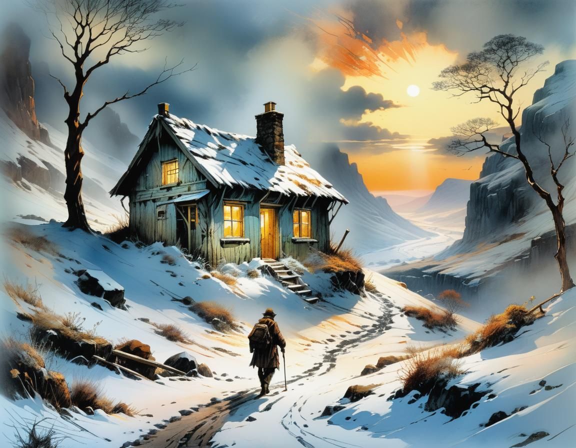 Snowstorm Sweeps Land at Sunset: Cozy House