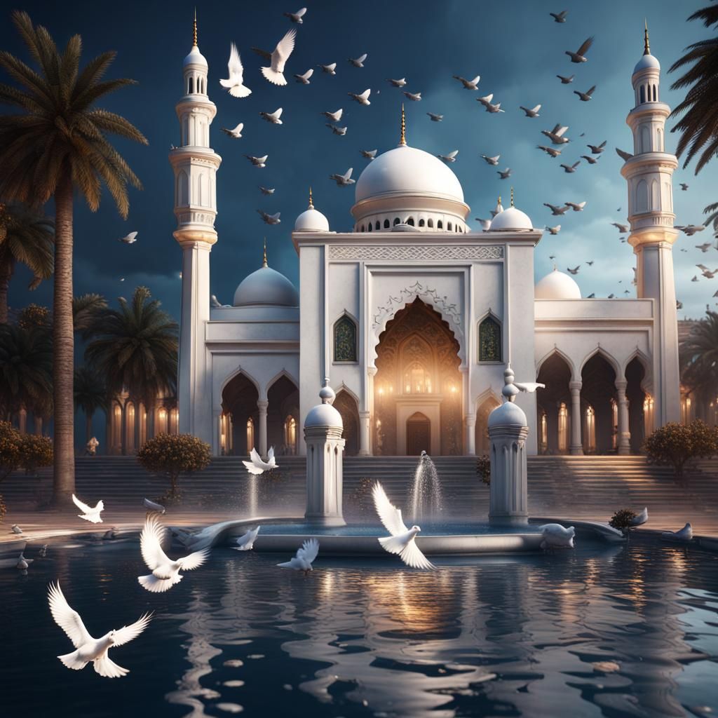 White Mosque with Pigeons at Night: Matte Painting