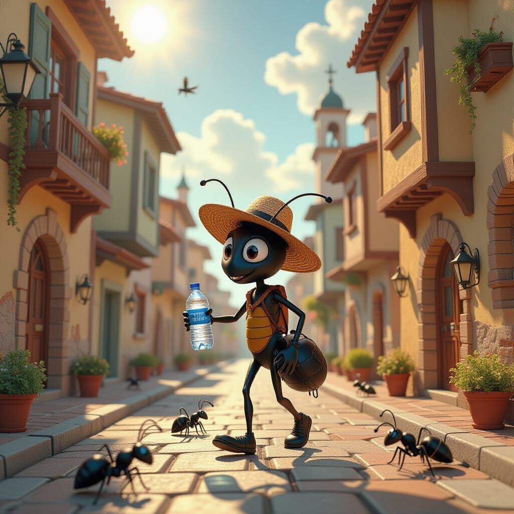 Ant on Escher Street in Surreal Hyperrealistic Style