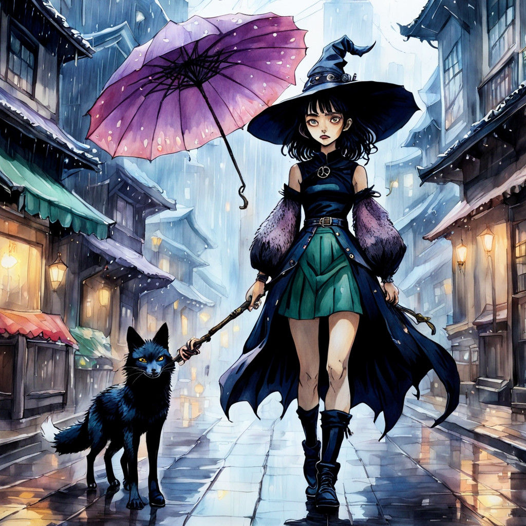 Modern Witch and Fox Daemon Walking in Rainy City