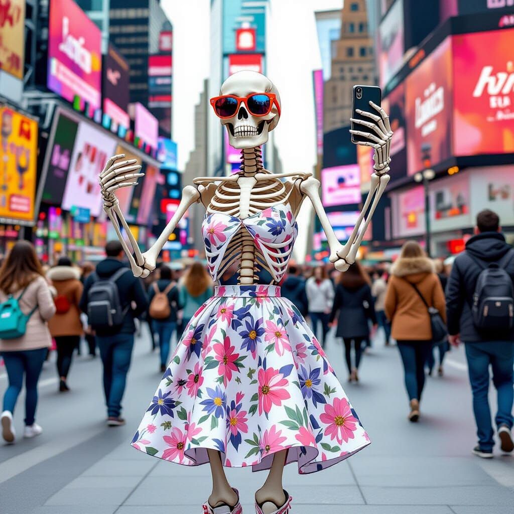 Stylish Skeleton Takes Selfie in Times Square