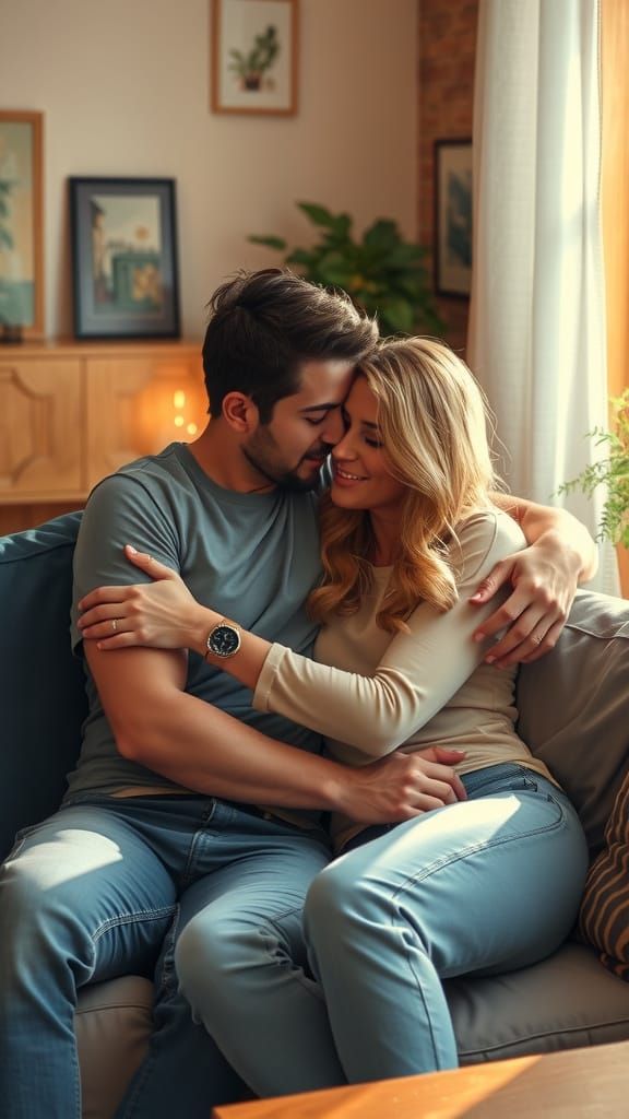 Couple's Intimate Moment in a Cozy Living Room