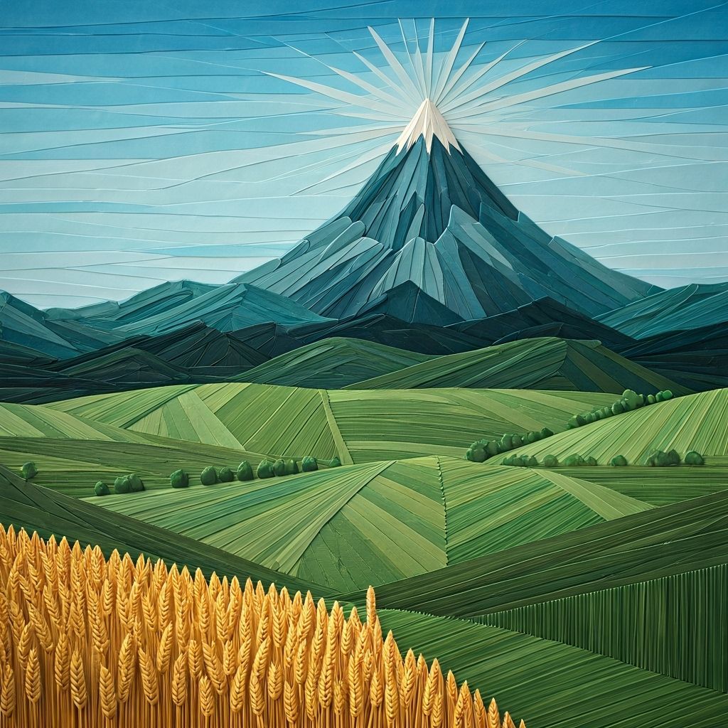 Origami Mountain Scene with Wheat Fields
