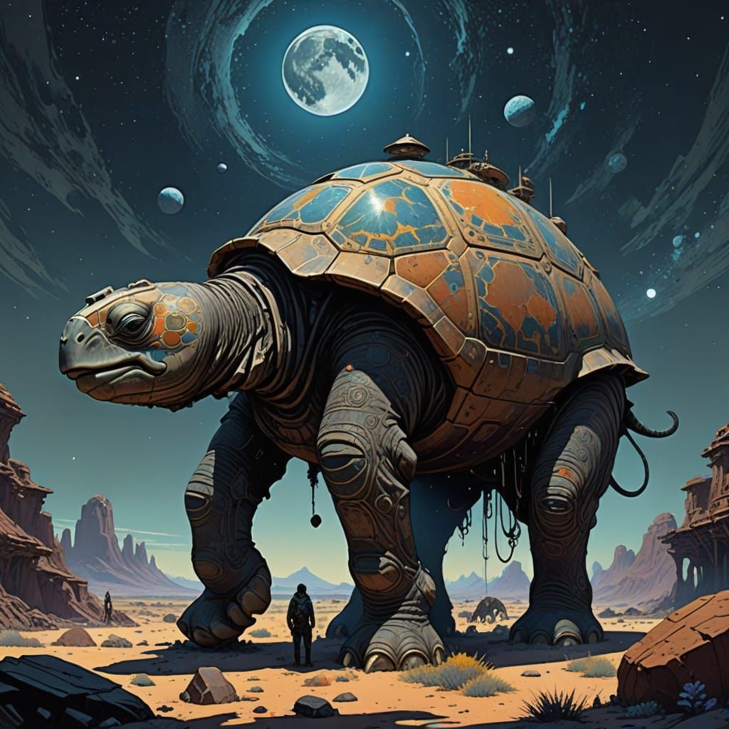 Gargantuan Turtle Swims Cosmic Seas with Precariously Balanc...