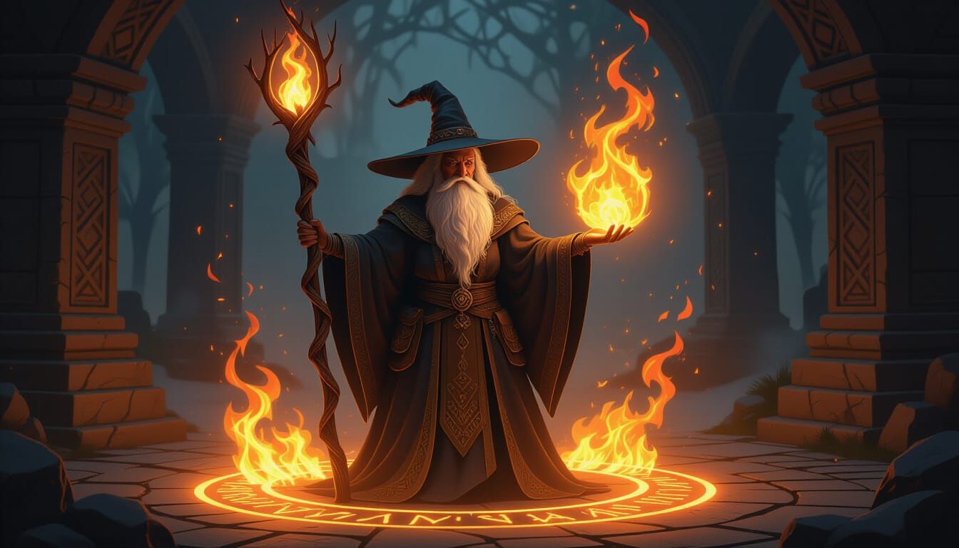 Wizard Summoning Fire Elemental Spirit in High Fantasy Style
