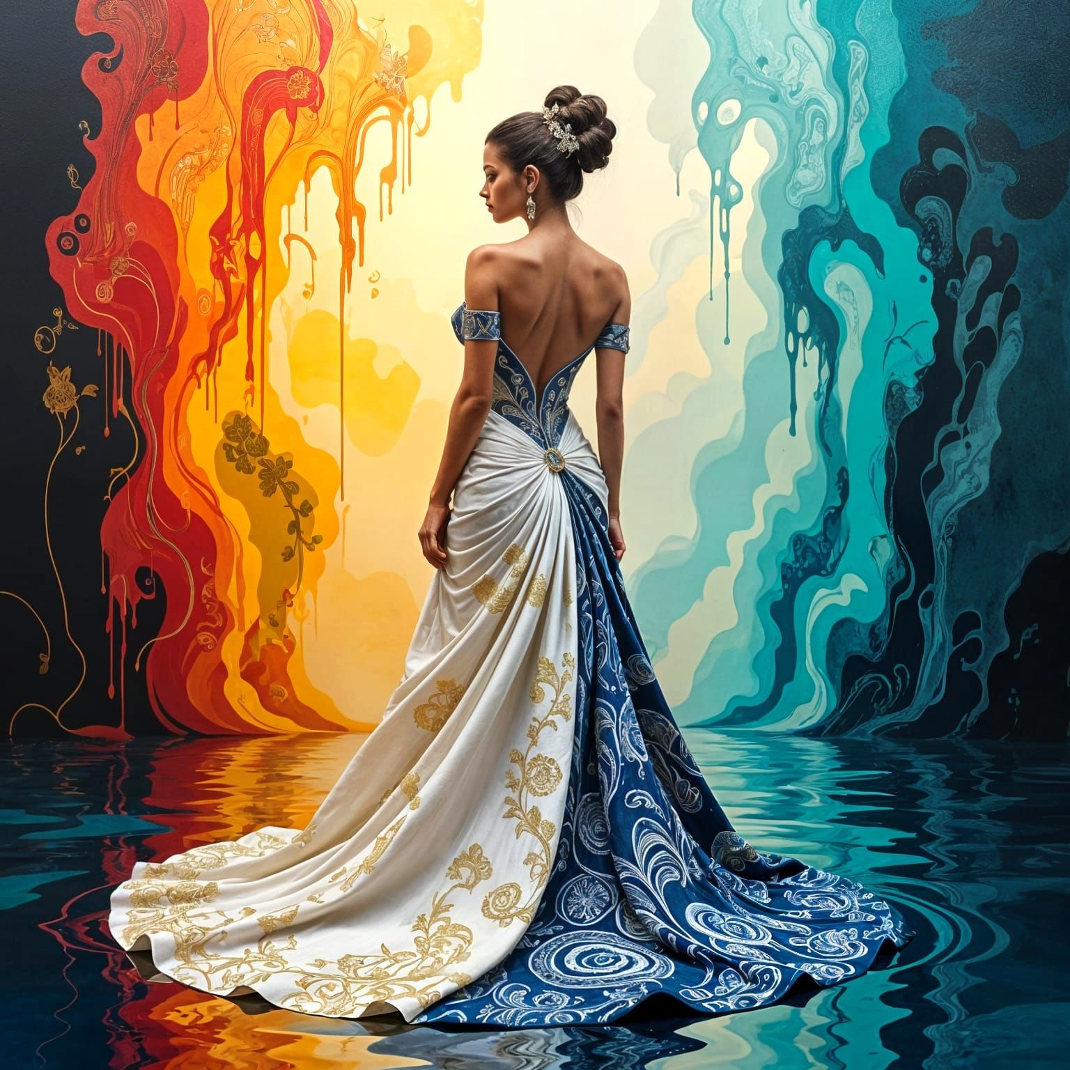 Elegant Woman in Embroidered Gown with Zentangle Details