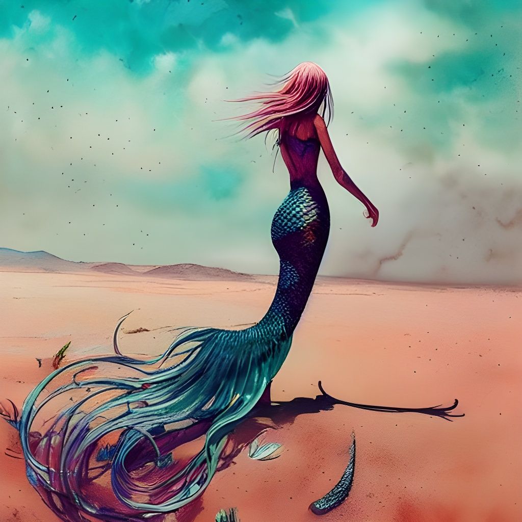 Mermaid in Desert: Hyperrealistic Mixed Media Painting