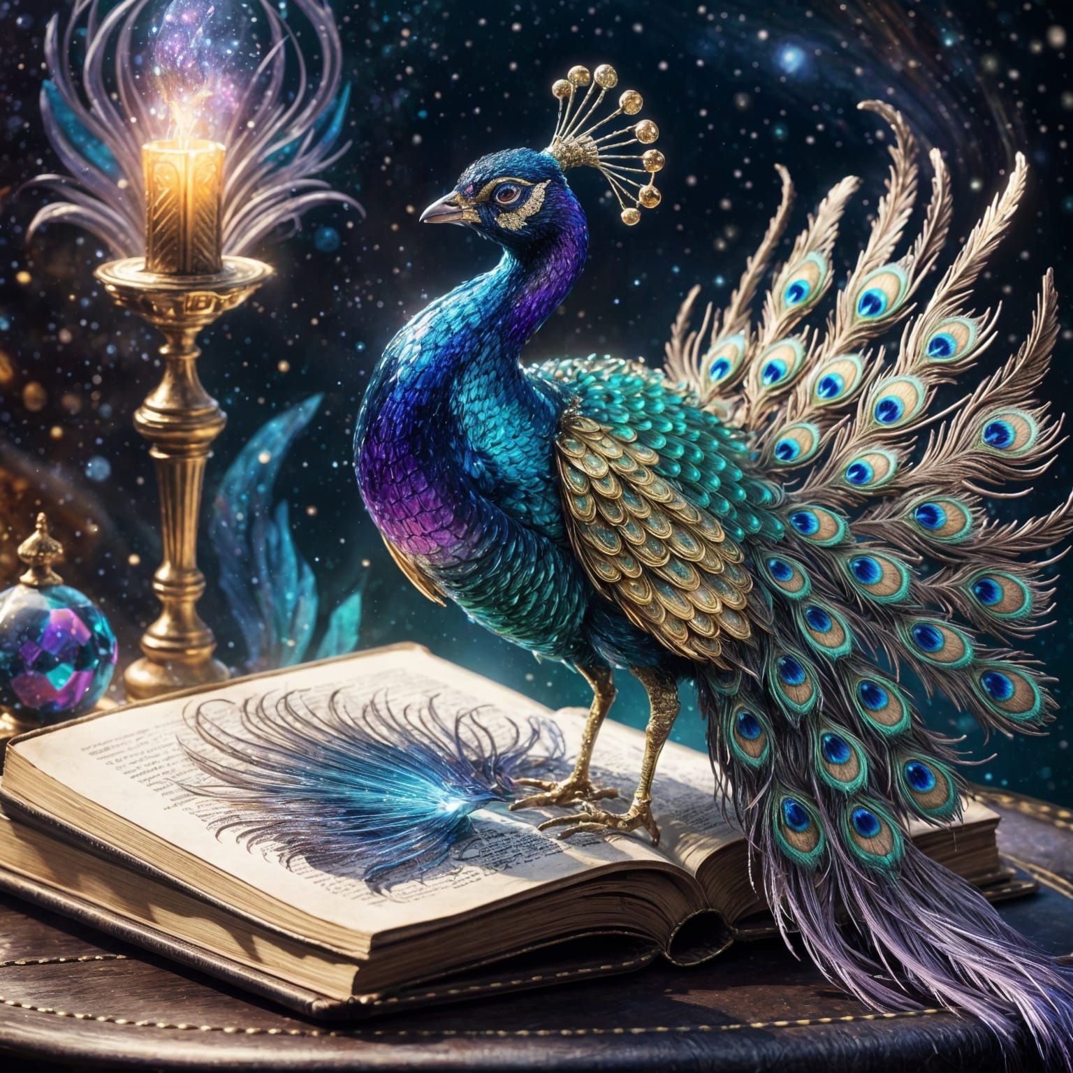 Magical Crystal Peacock on Book in Galaxy