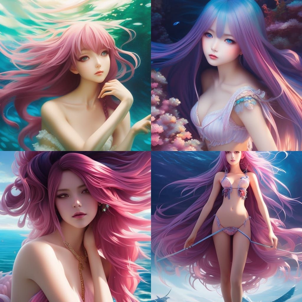 Anime Mermaid with Fox Ears in Deep Sea