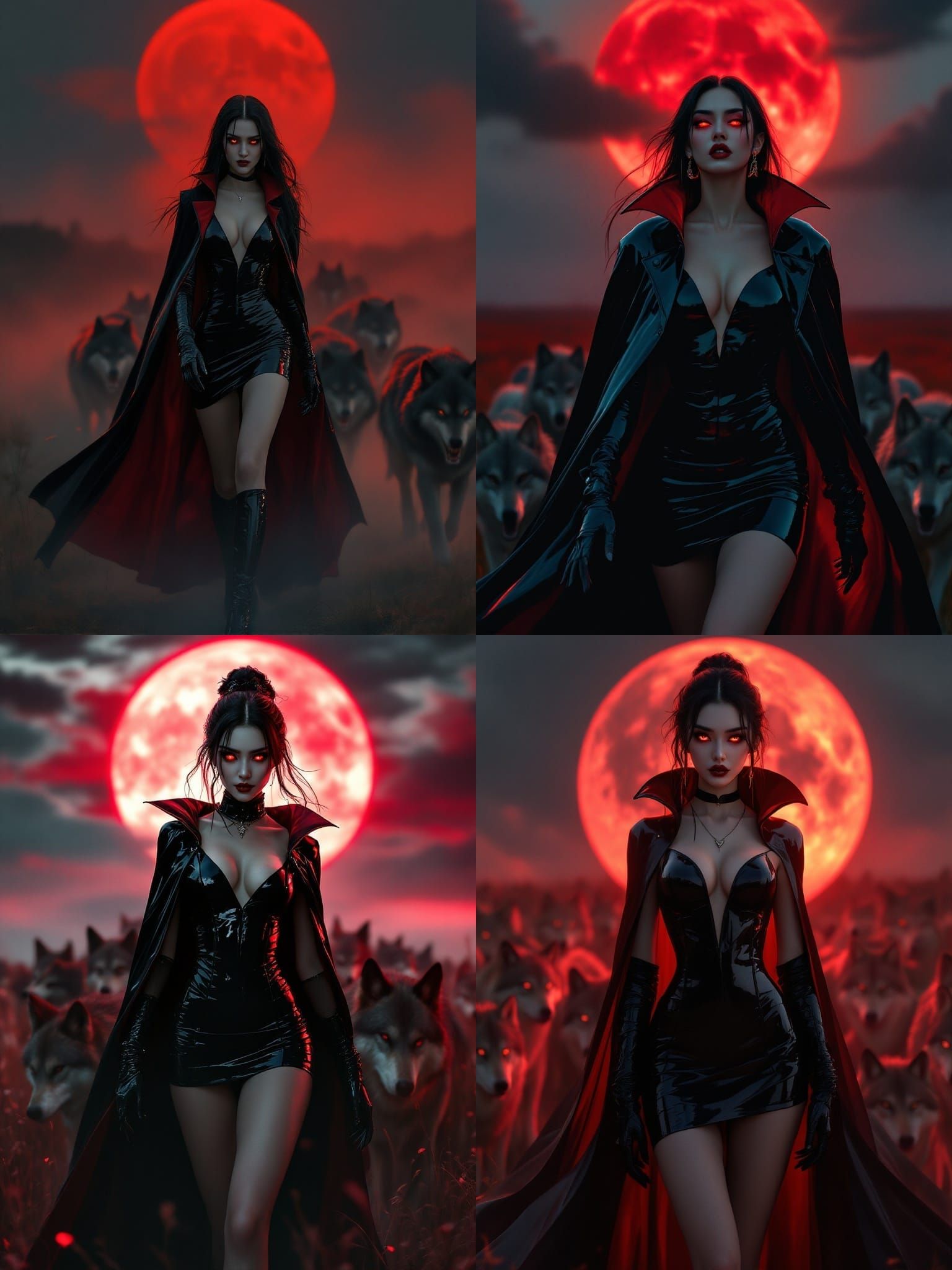 Chinese Vampire Huntress Leading Wolves in Red Moonlight