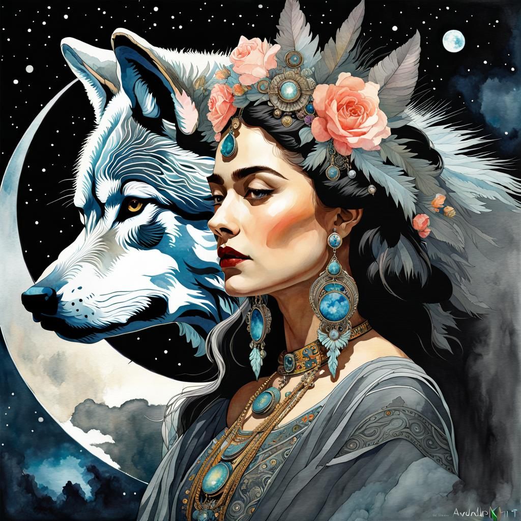 Cosmic Wolf in Light Wash Watercolor