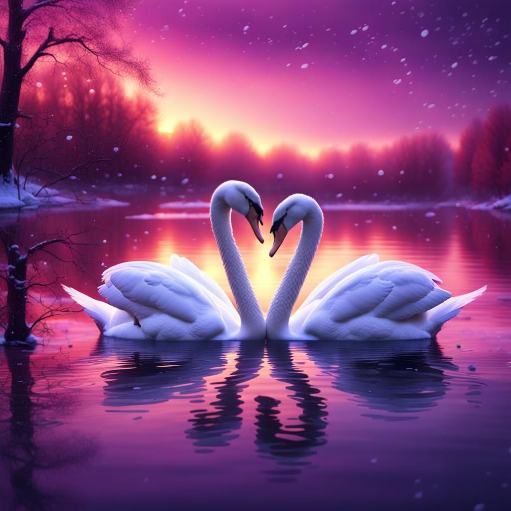 White Swans in Lake at Sunset: Detailed Matte Painting