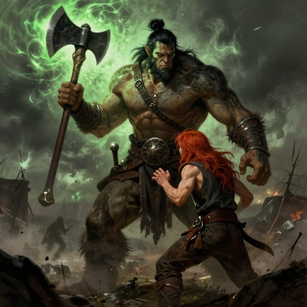 Orc Warrior Defends Red-Haired Man on Stormy Battlefield