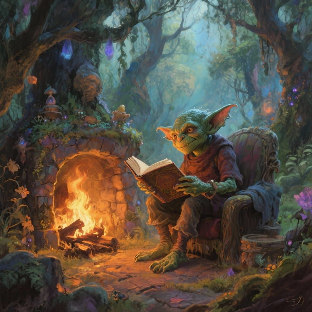 Whimsical Goblin Reading by Fireplace: Oil Painting