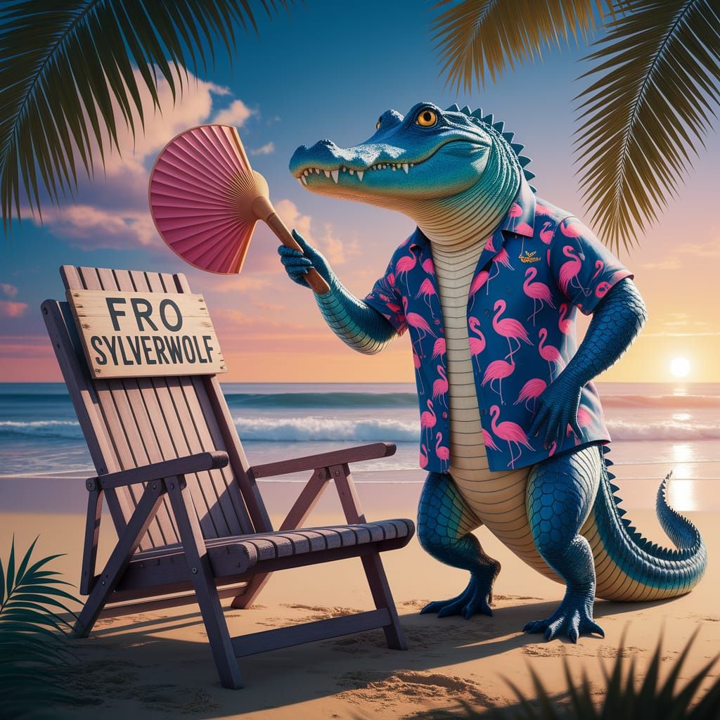 Alligator Lounging on Beach in Hawaiian Shirt