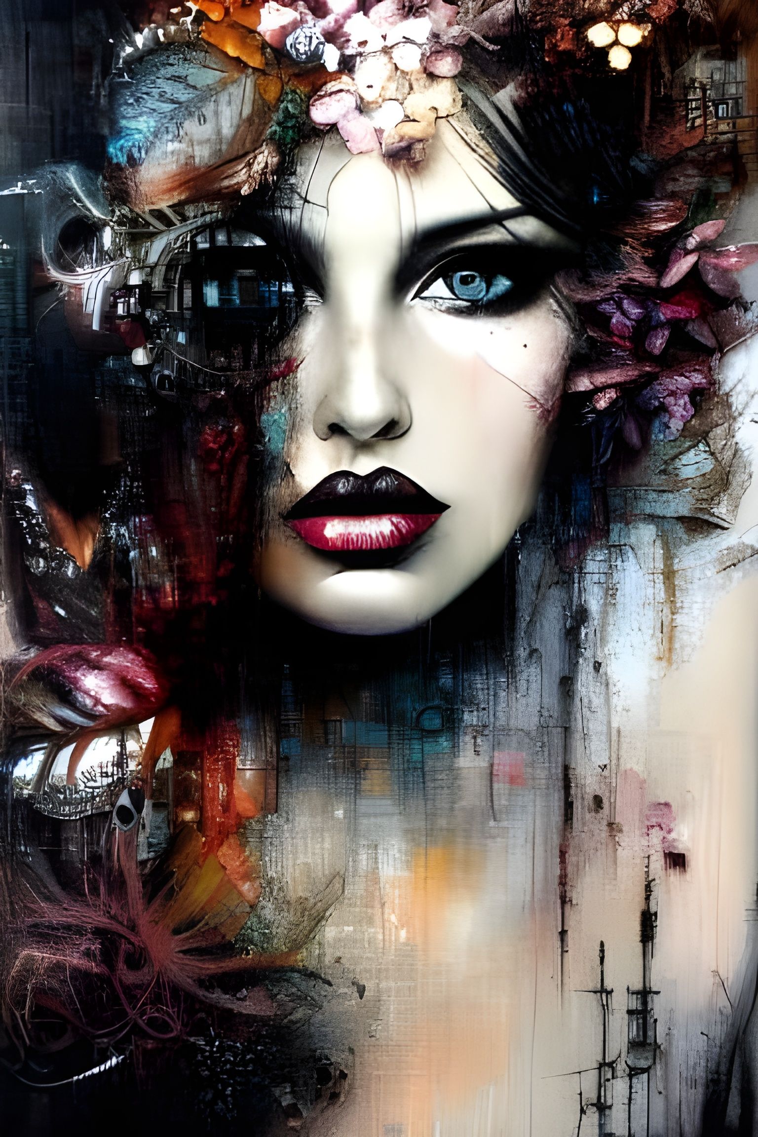 Whimsical Beauty Portrait in Mixed Media Style