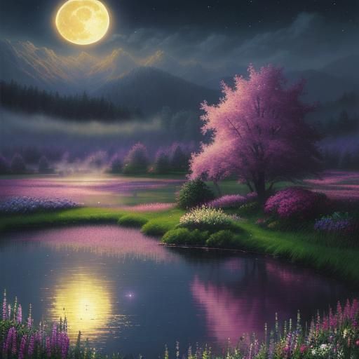 Ethereal Flower Field at Night Under Full Moon