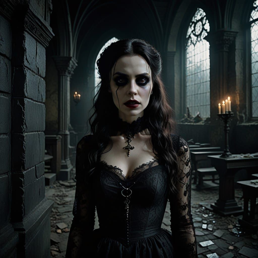 Ethereal Vampire Woman in Dimly Lit Gothic Church
