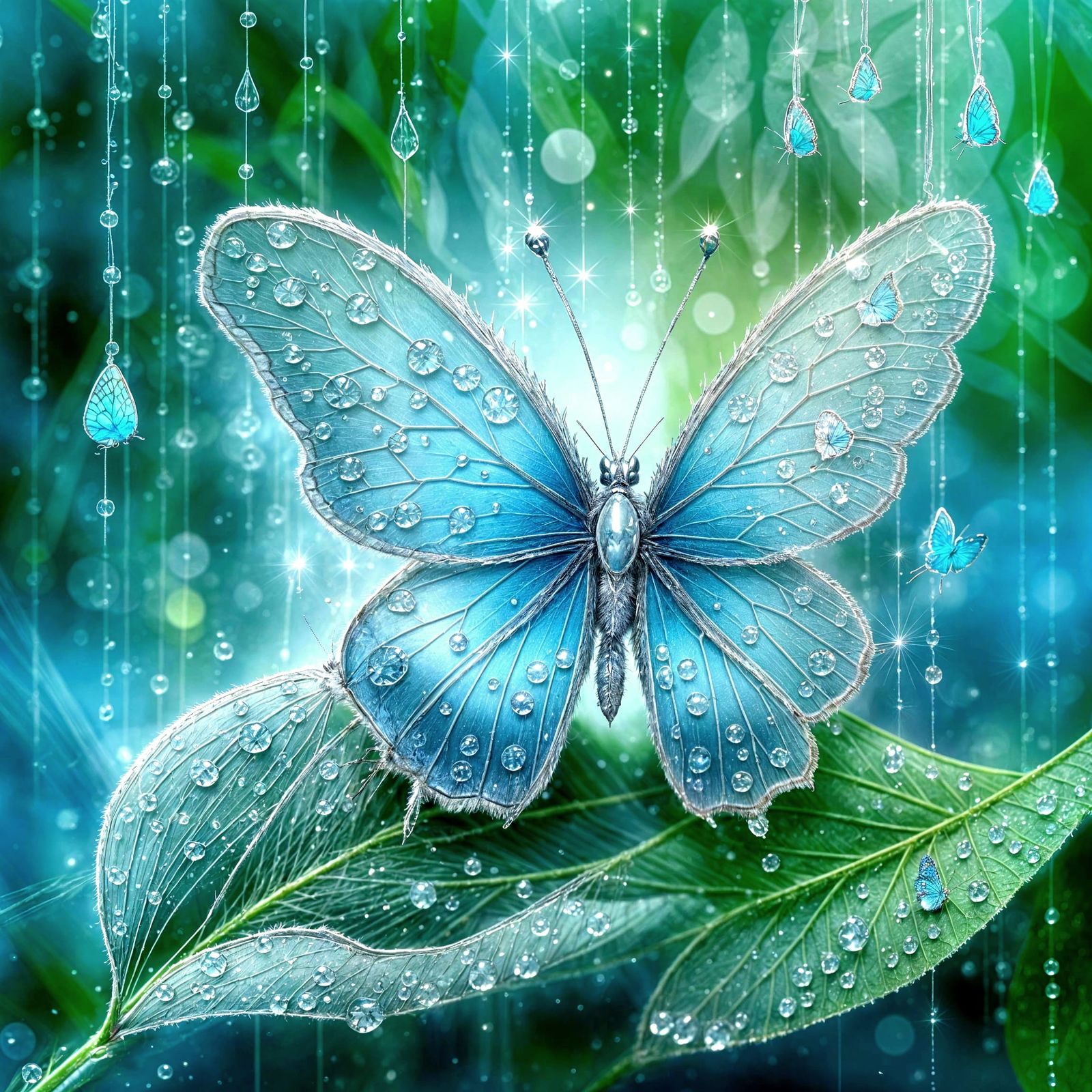 Ethereal Crystal Blue Butterfly on Dewy Leaves