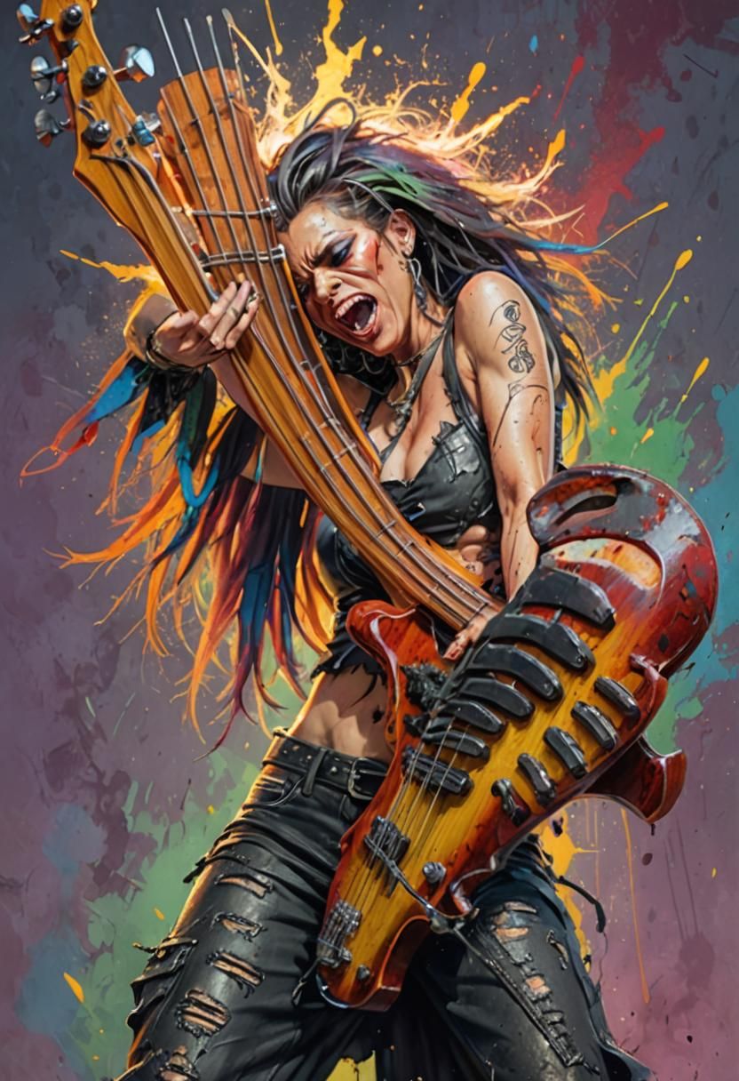 Hyperrealistic Heavy Metal Woman Playing Bass