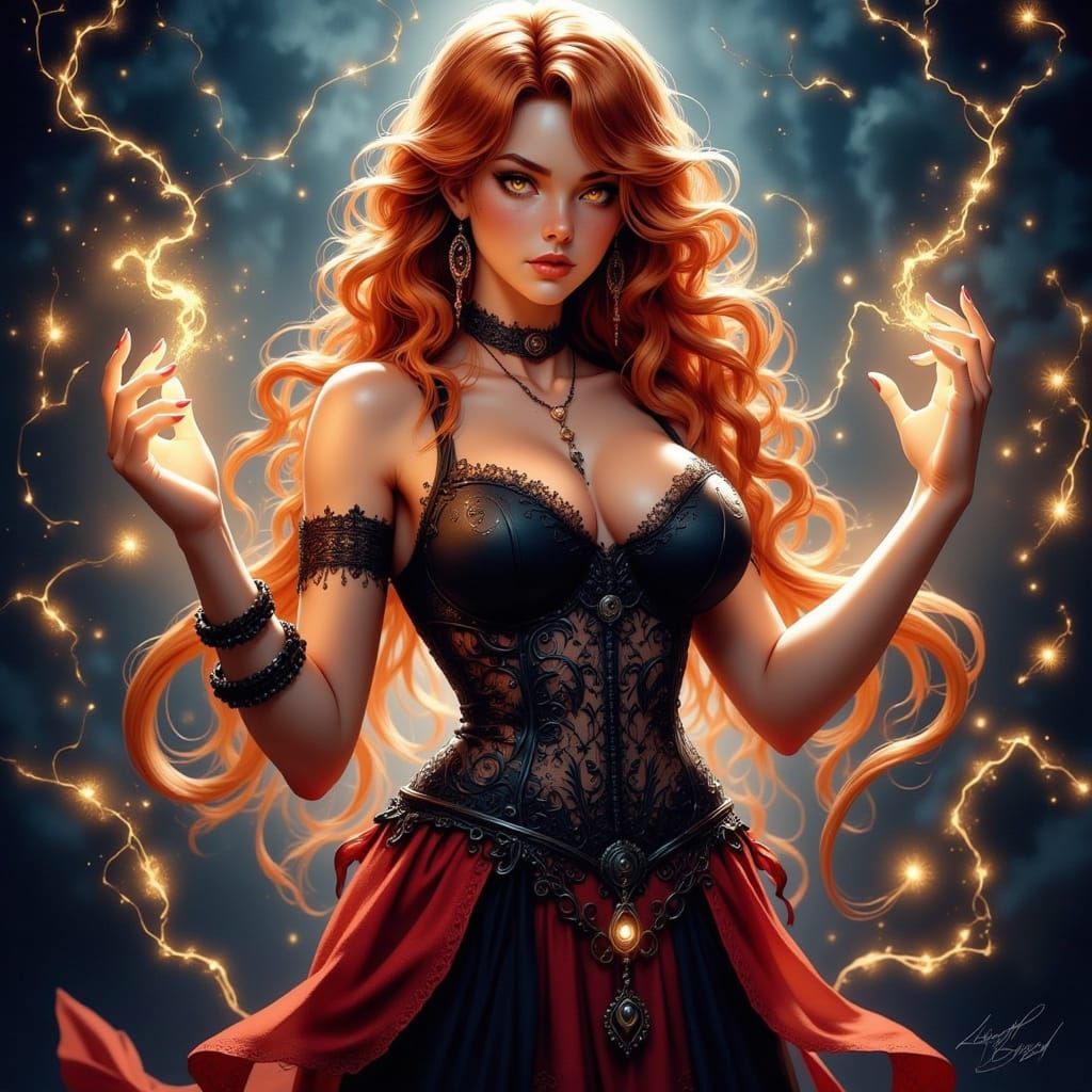 Redhead Sorceress Unleashes Lightning Power