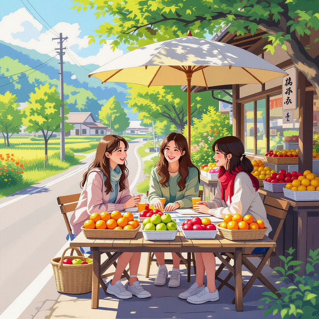 Japanese Fruit Stand with Girls Reading