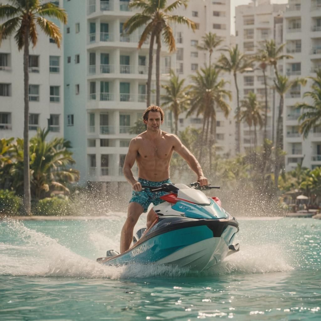 Confident Jet Skier in Turquoise Waters: Cinematic Film Stil...