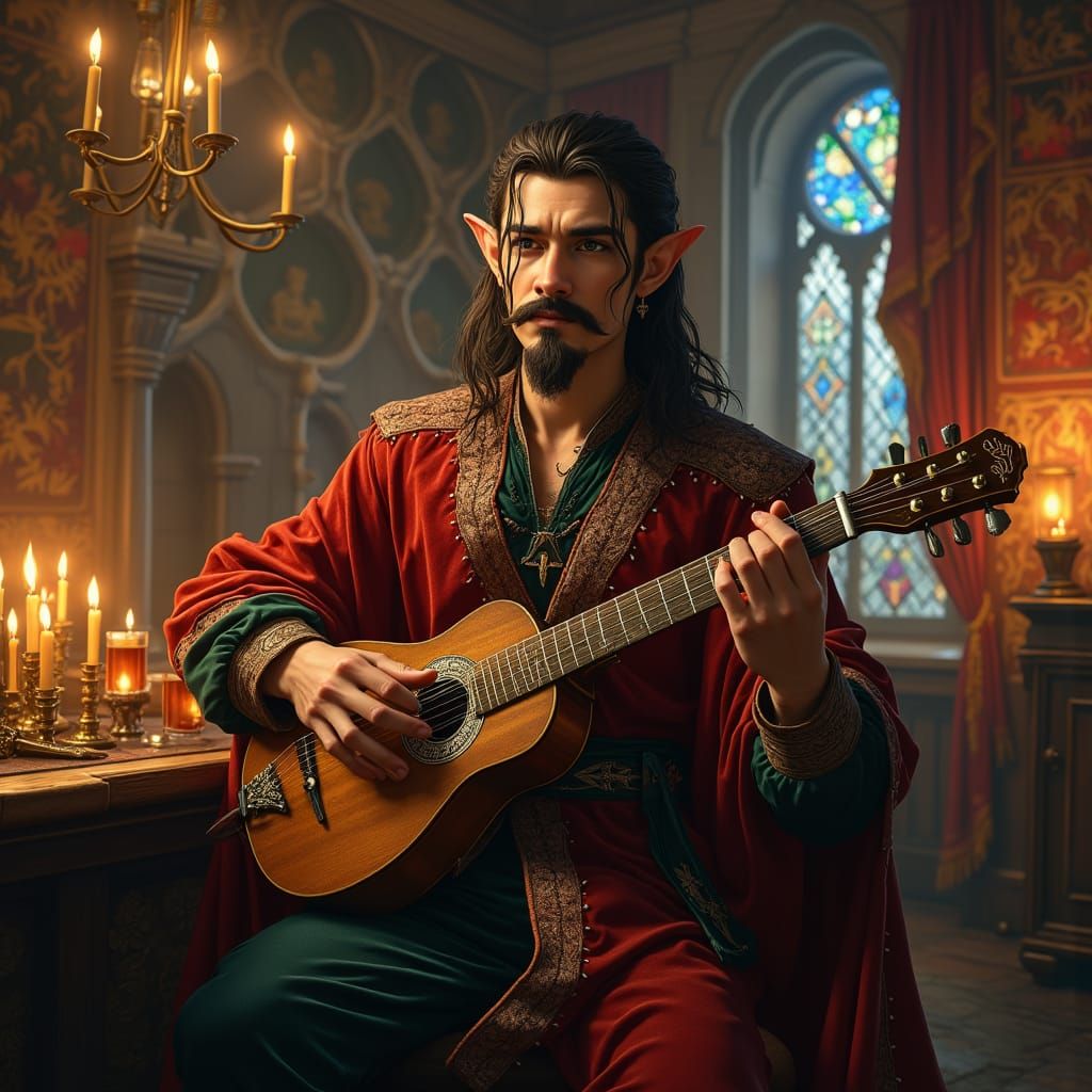 Elegant Half-Elf Bard in Tavern, Dark Fantasy Realism