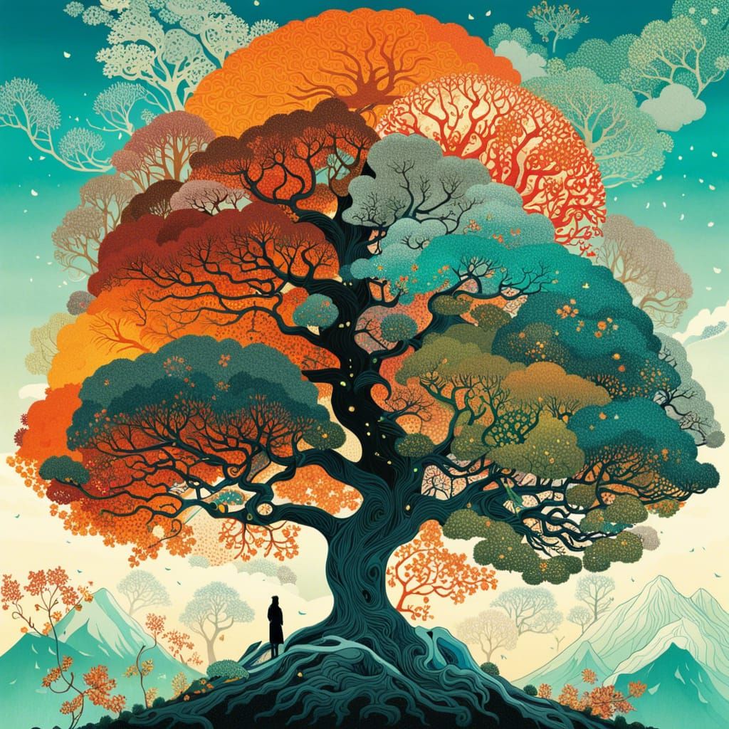 Four Seasons Tree Silhouette: Surreal Collage