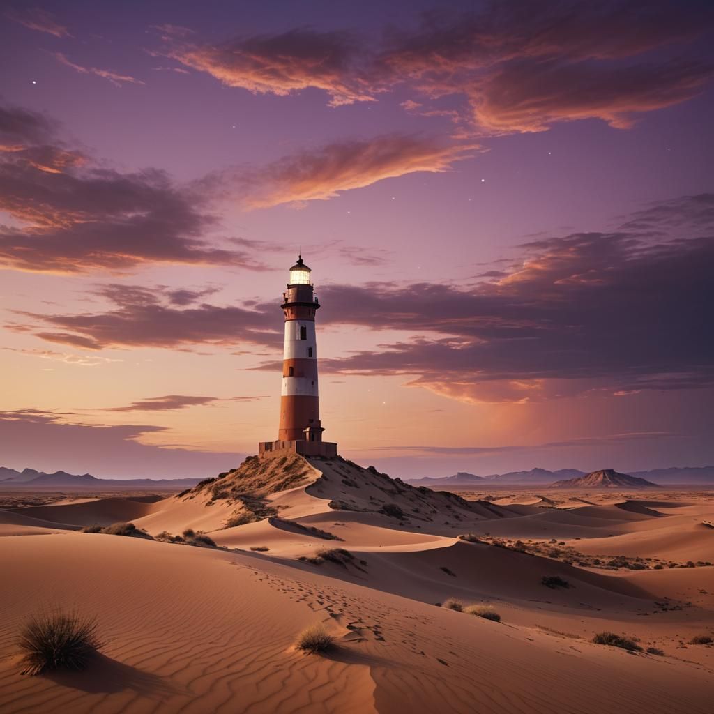Desert Lighthouse at Twilight in Dreamlike Digital Art