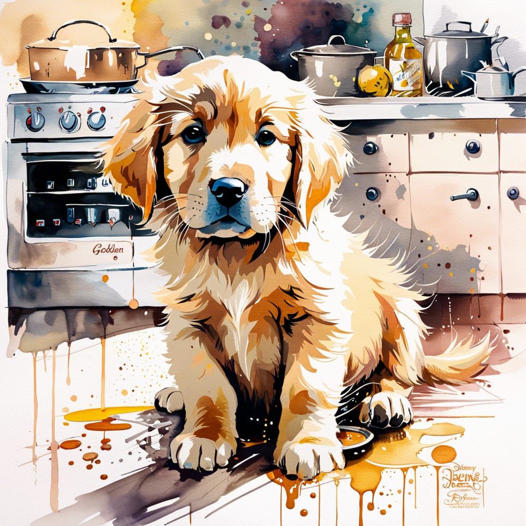 Golden Retriever Puppy in Kitchen: Watercolor Splash Art