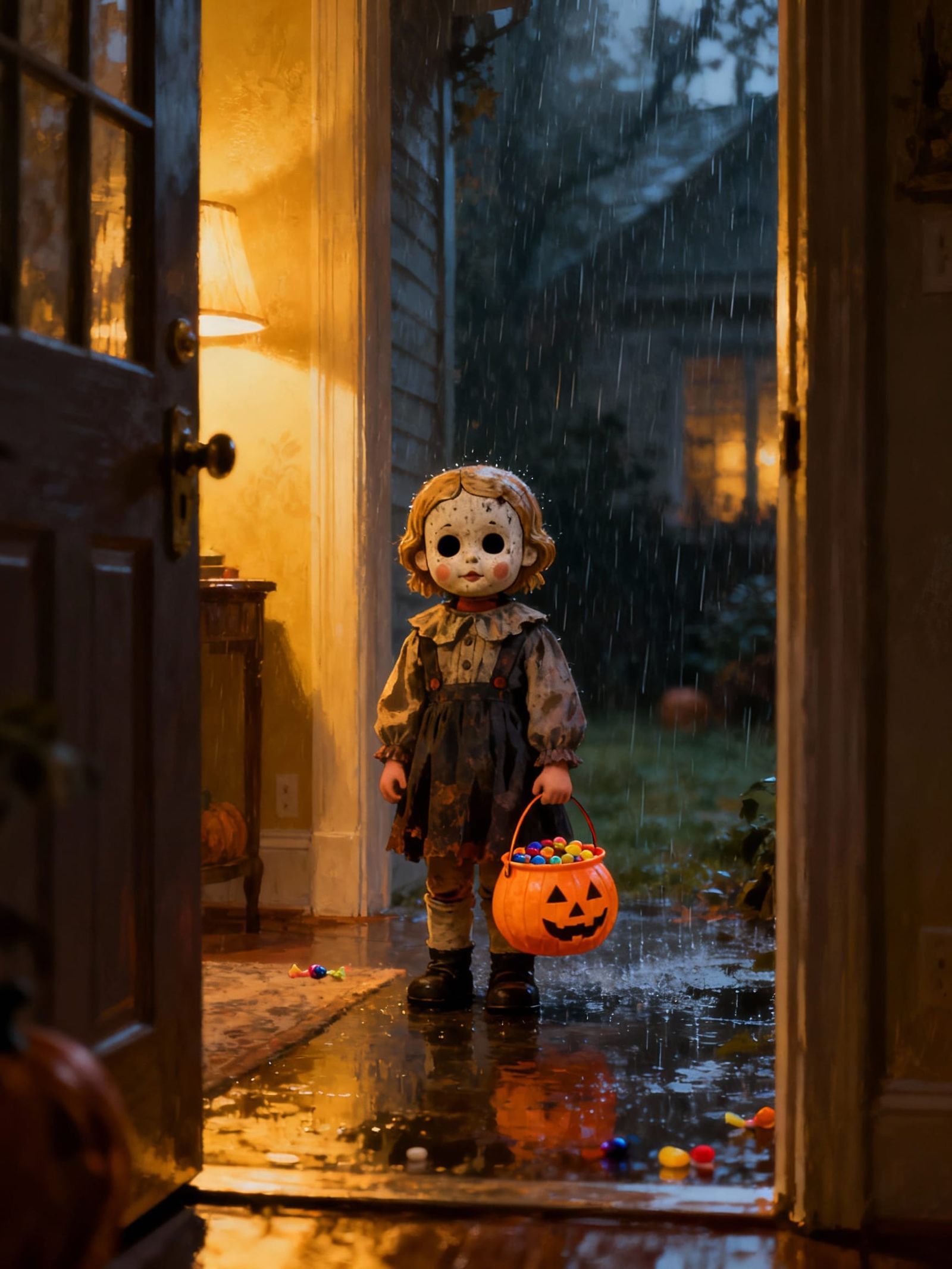 Haunting POV of Trick-Or-Treater in Rain