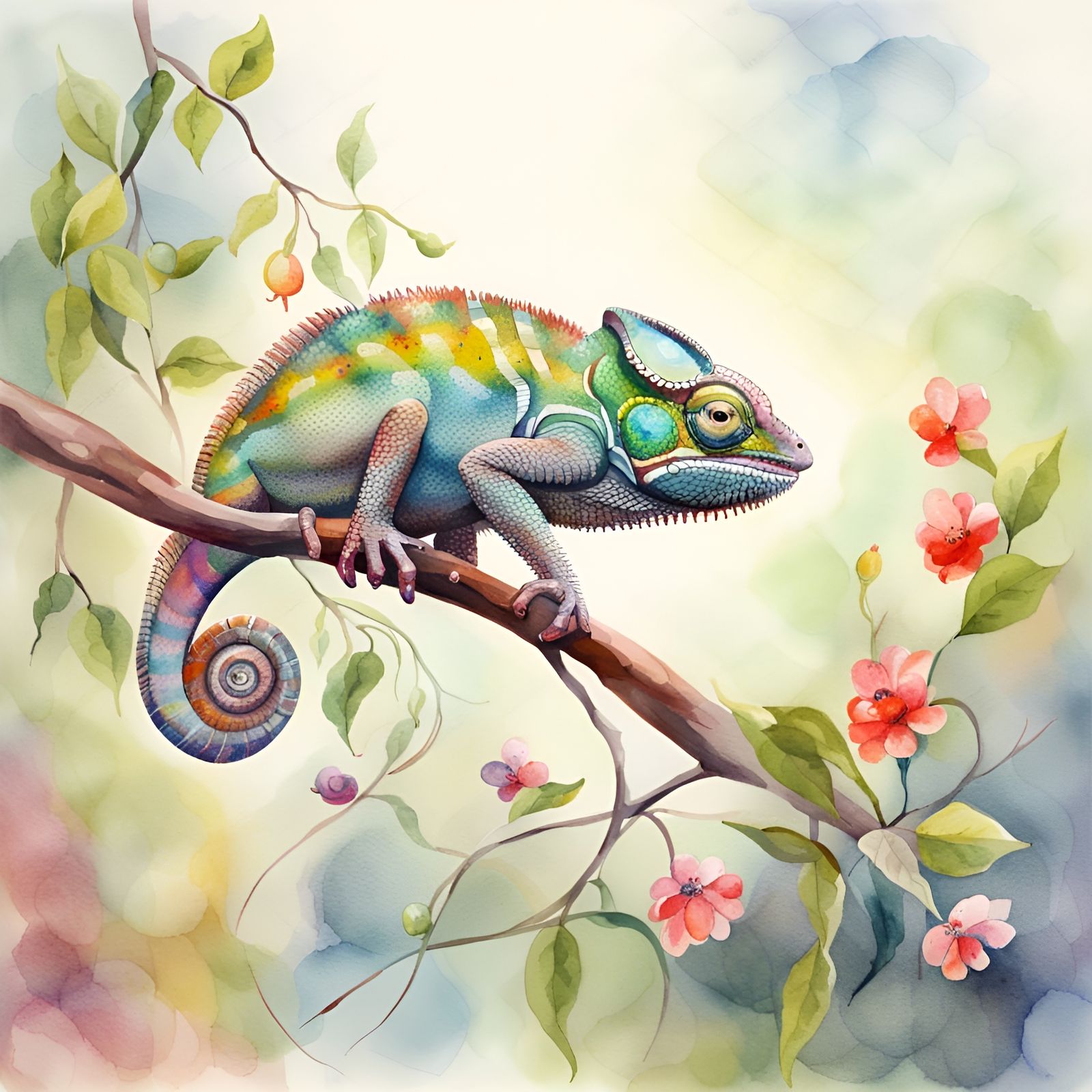 Colorful Chameleon in Watercolor Garden Landscape