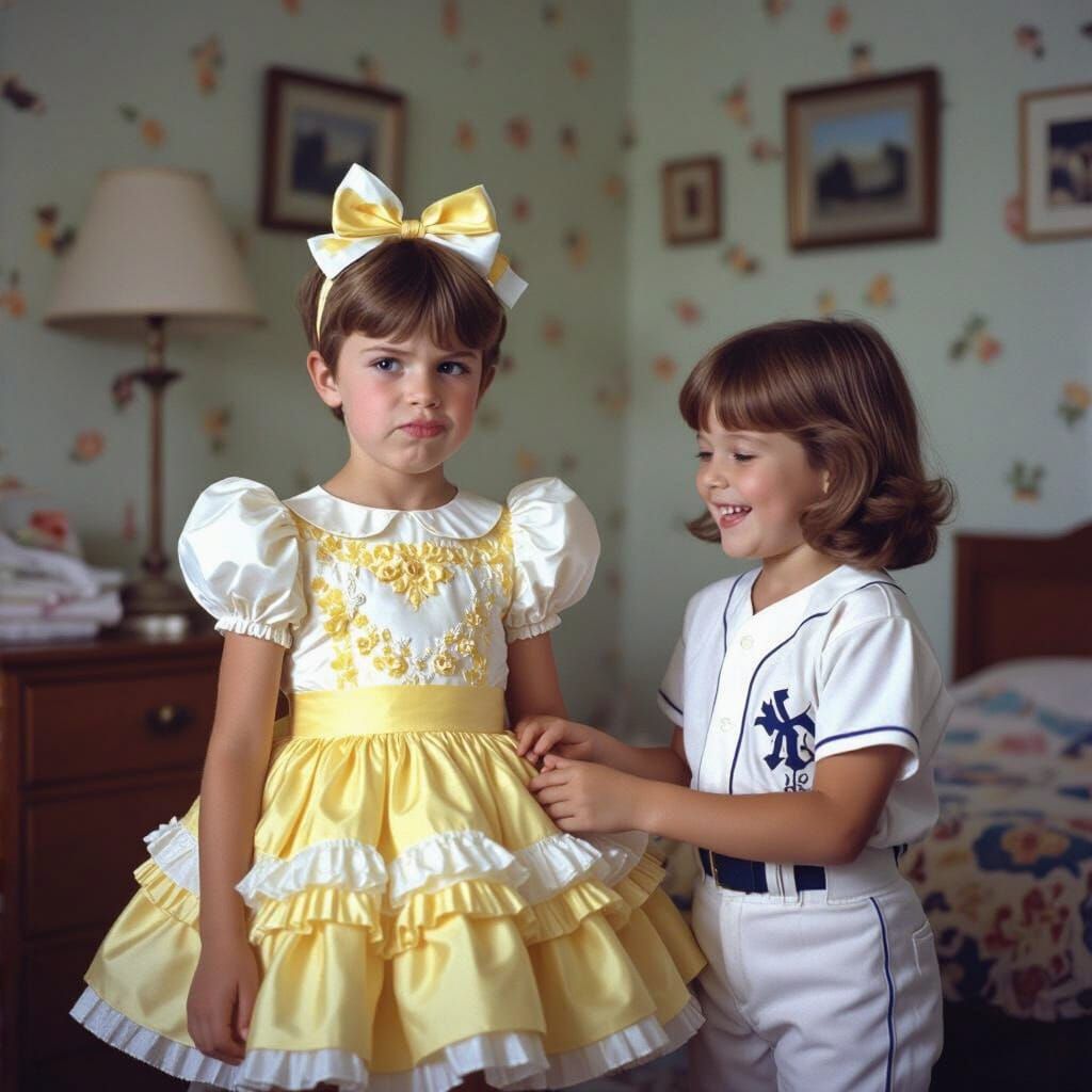 1960s Realistic Photo: Boy in Flower Girl Dress
