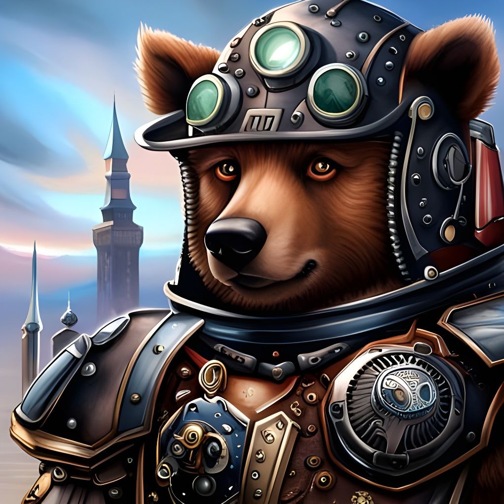 Steampunk Robot Bear in Armor Portrait