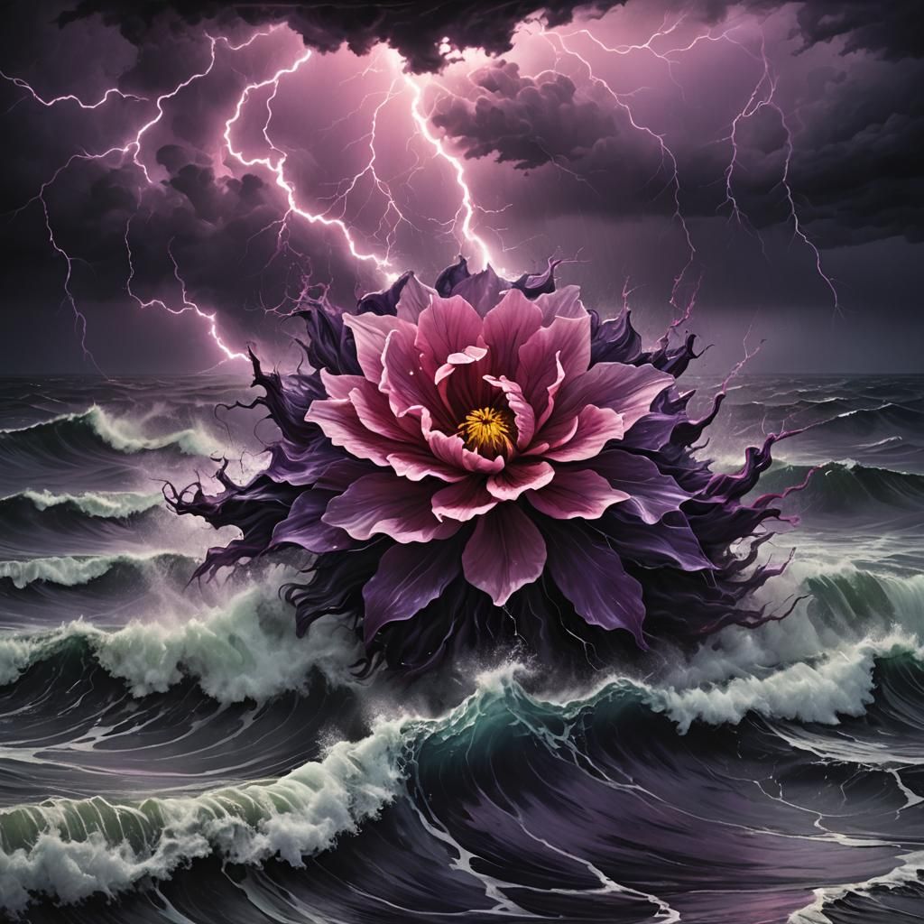 Sinister Pink Flower on Stormy Ocean Waves