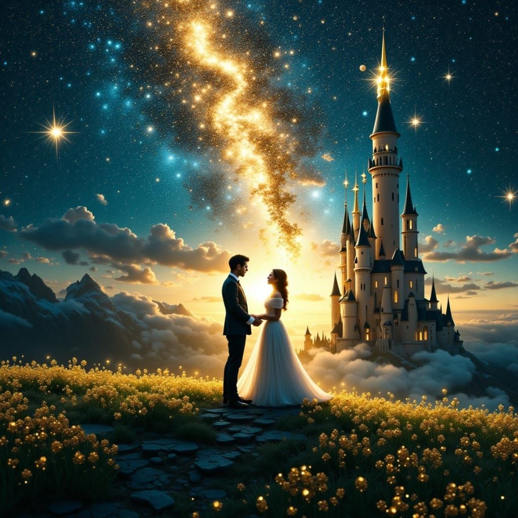 Romantic Whimsy in a Dreamy Castle Scene with Glittering Mil...