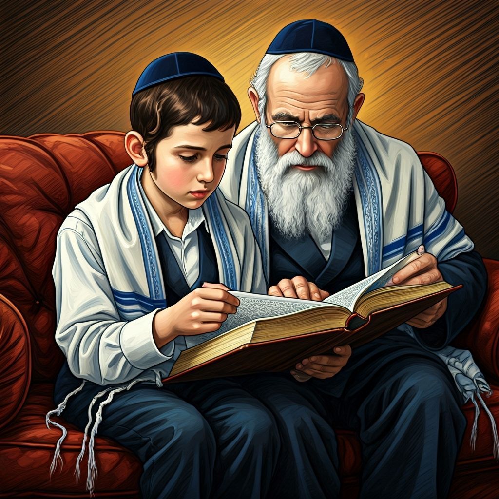 Jewish Boy Studies with Father in Chagall Style