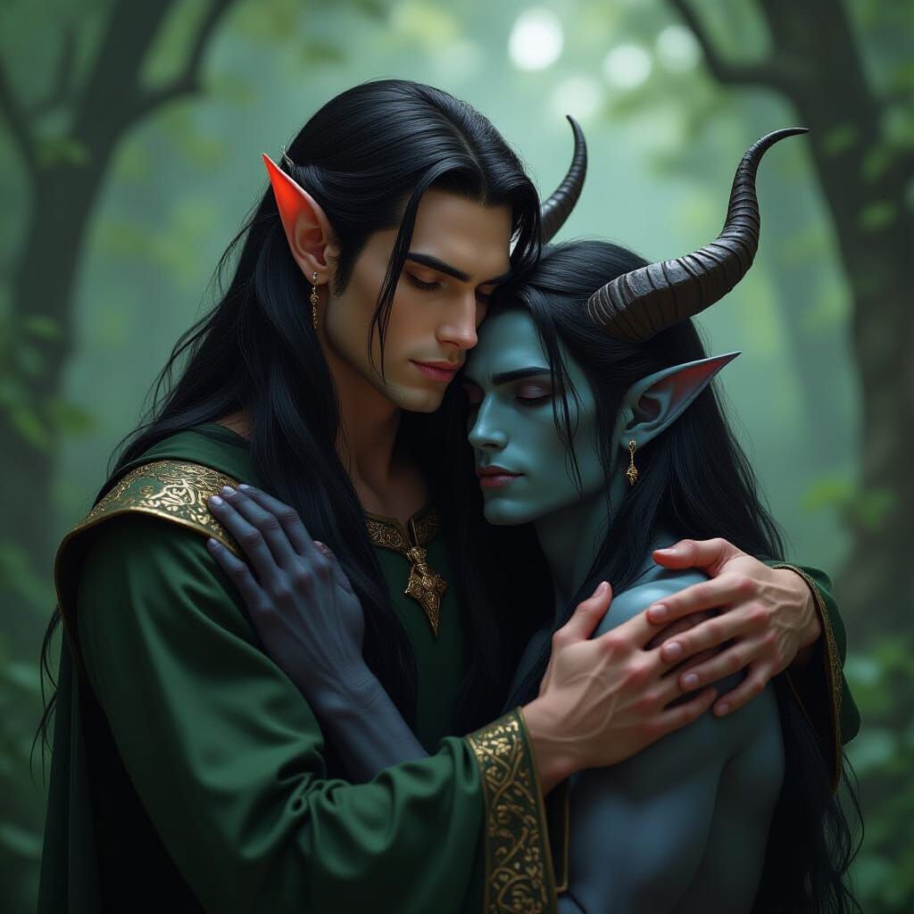 Elf and Incubus Embrace in Forest: Hyperrealistic
