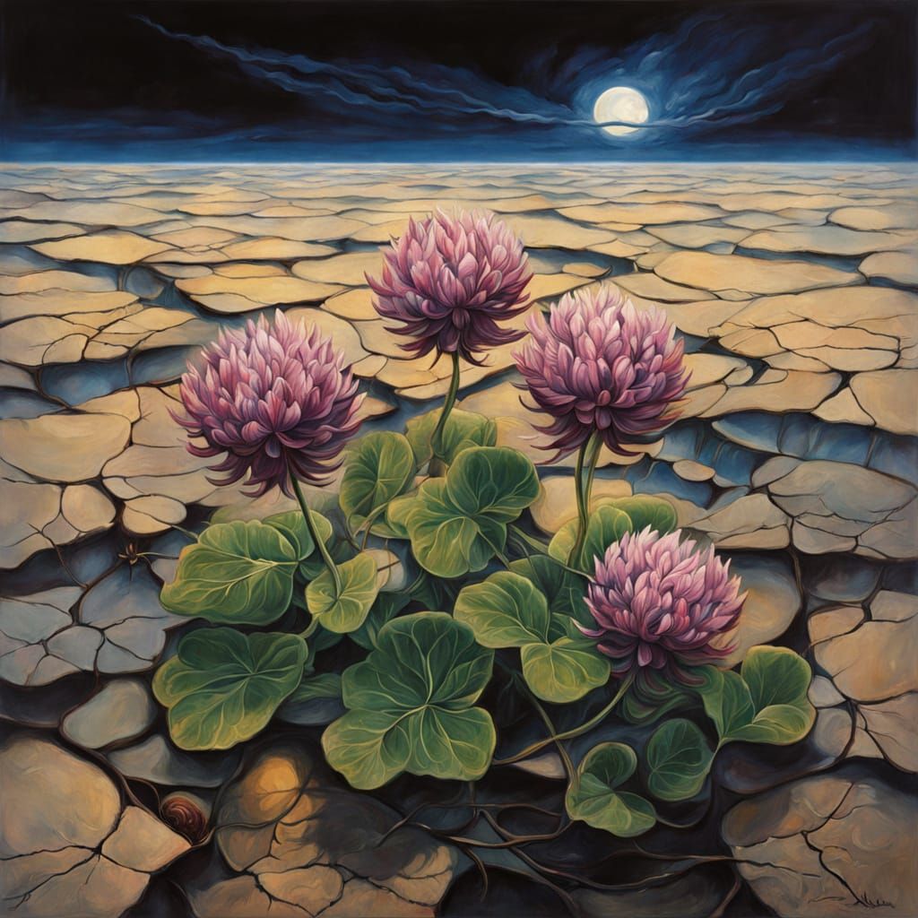 Melting Red Clover Flowers in Surreal Landscape