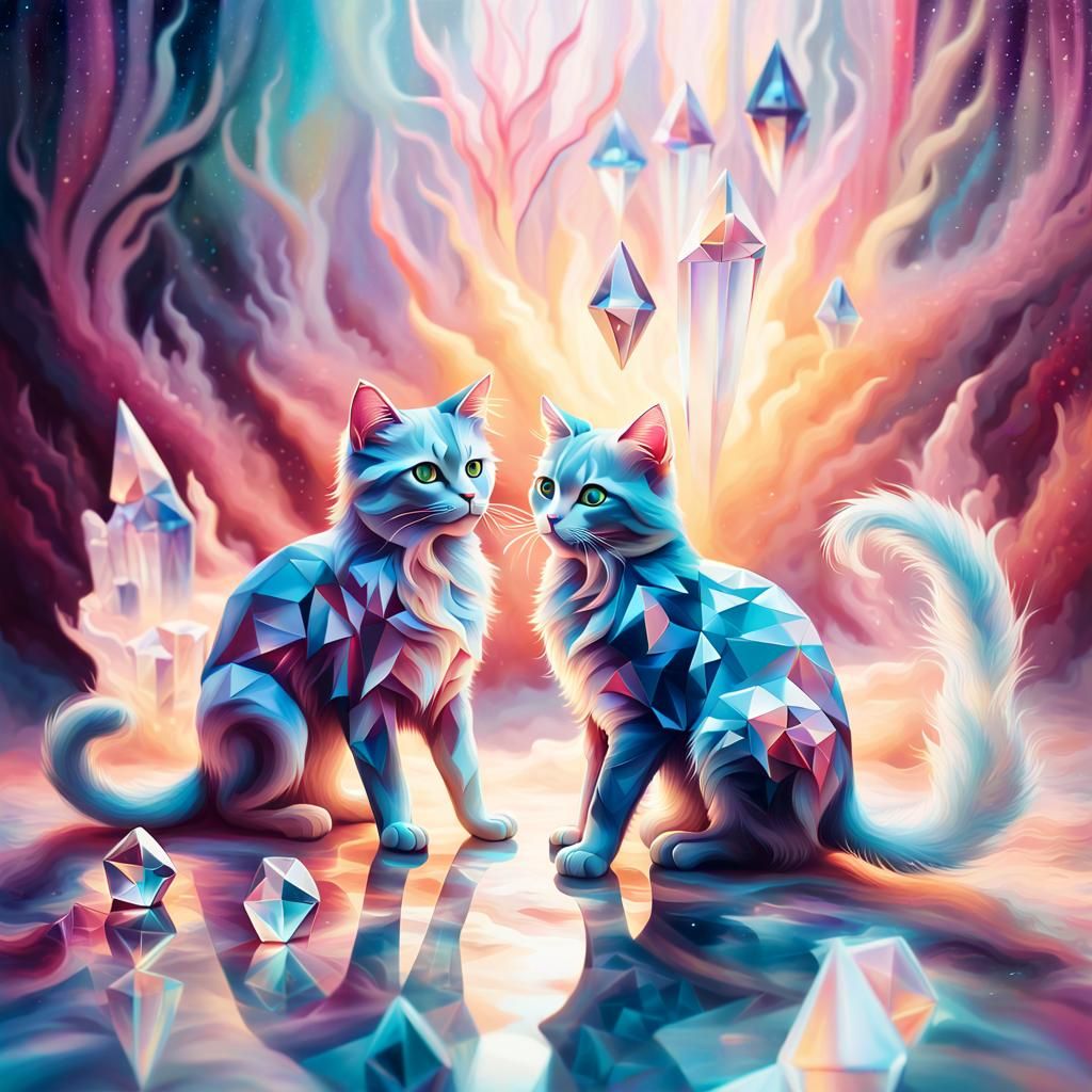 Surreal Crystal Cats on a Glowing, Crystal Floor