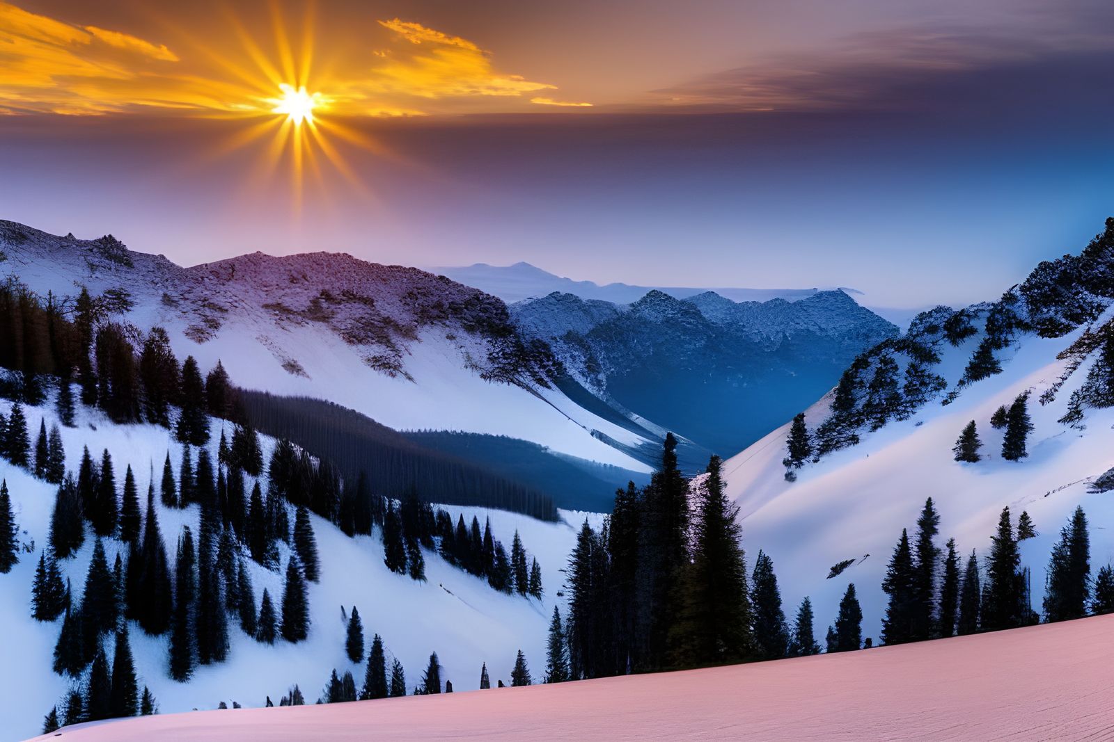 Colorful Sunset Over Snowy Mountain Range