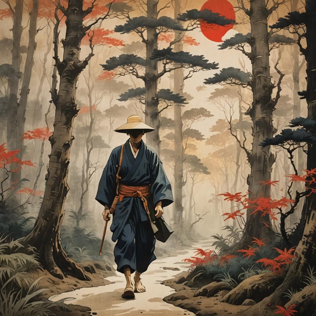 Ukiyo-e Man Walks Through Whispering Forest