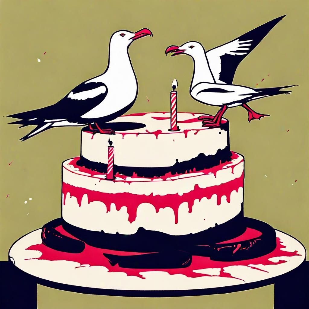 Crazed Seagulls Tear Apart Birthday Cake