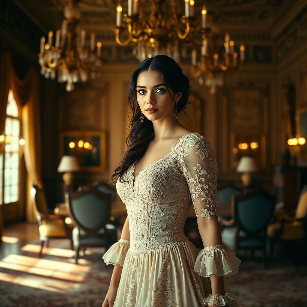 Woman in Southern Plantation Style, Lavish Mansion