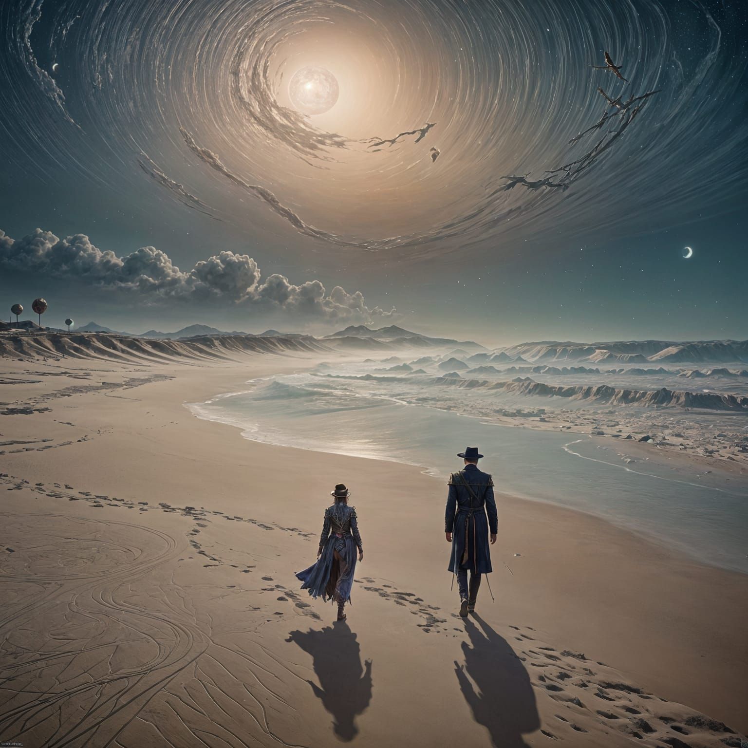 Dreamlike Beach at Night in Surrealist Style