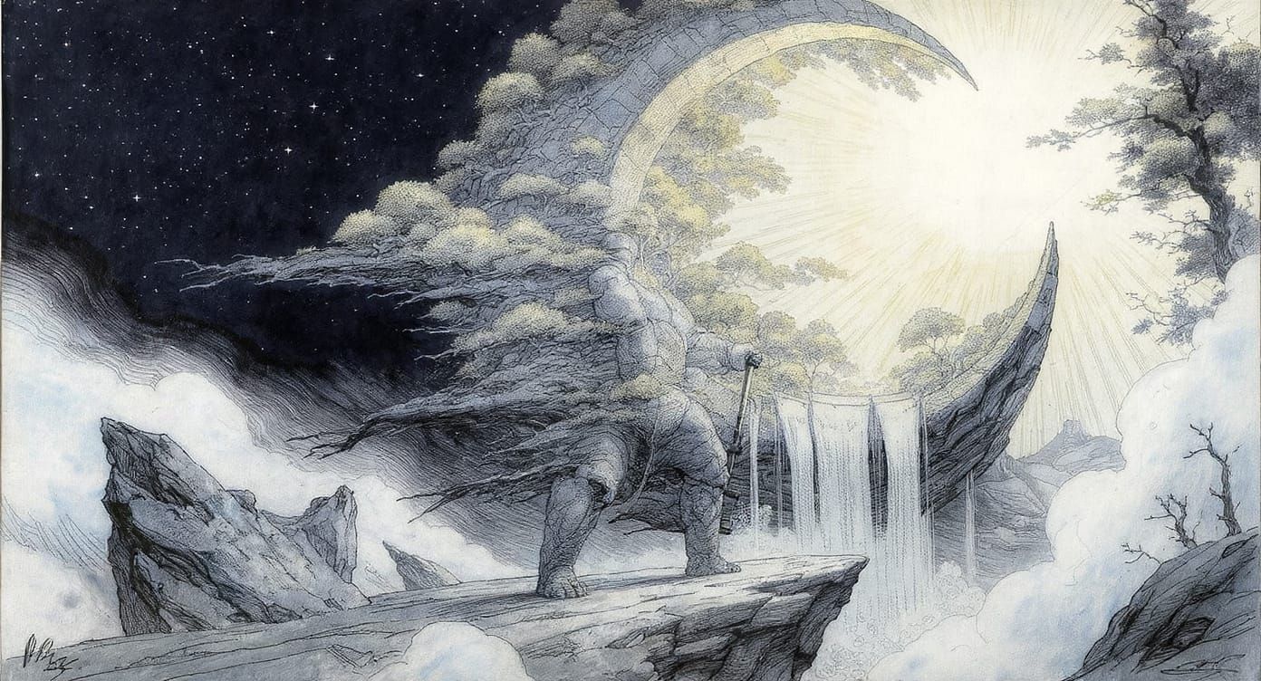 Stone Giant with Crescent Moon Landscape